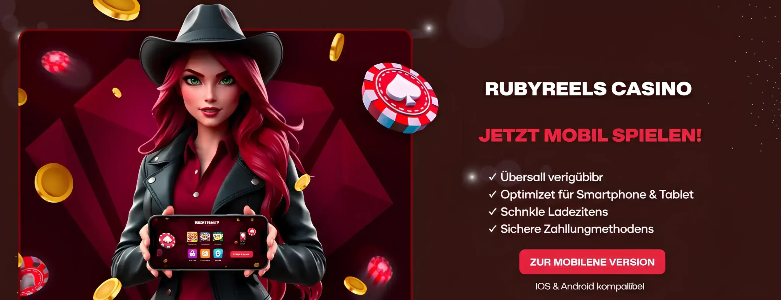 RubyReels Casino Mobile – Online Casino Banner für Smartphones und Tablets